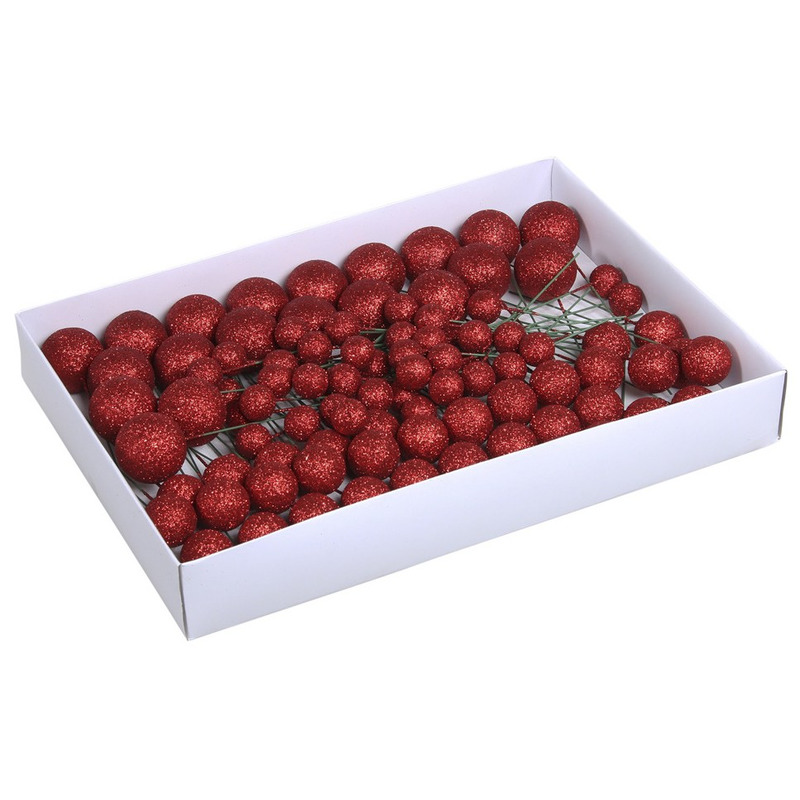 100x Rode glitter mini kerstballen stekers kunststof 2-3-4 cm