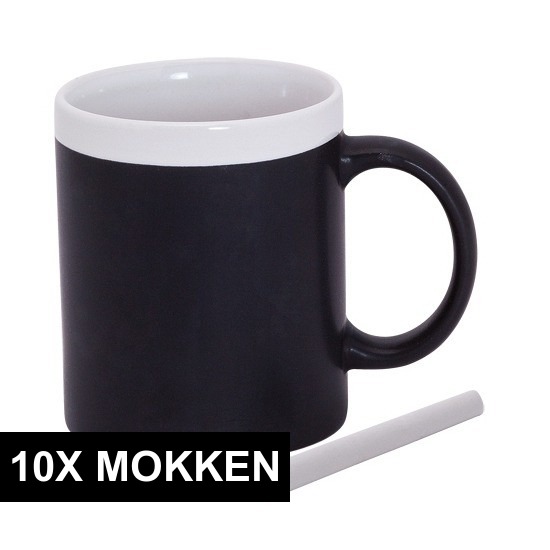 10x Beschrijfbare koffie-thee mokken met krijtje wit
