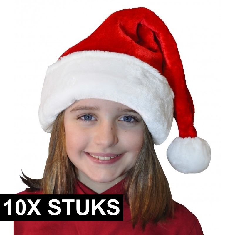 10x Pluche luxe kerstmutsen rood-wit voor kinderen