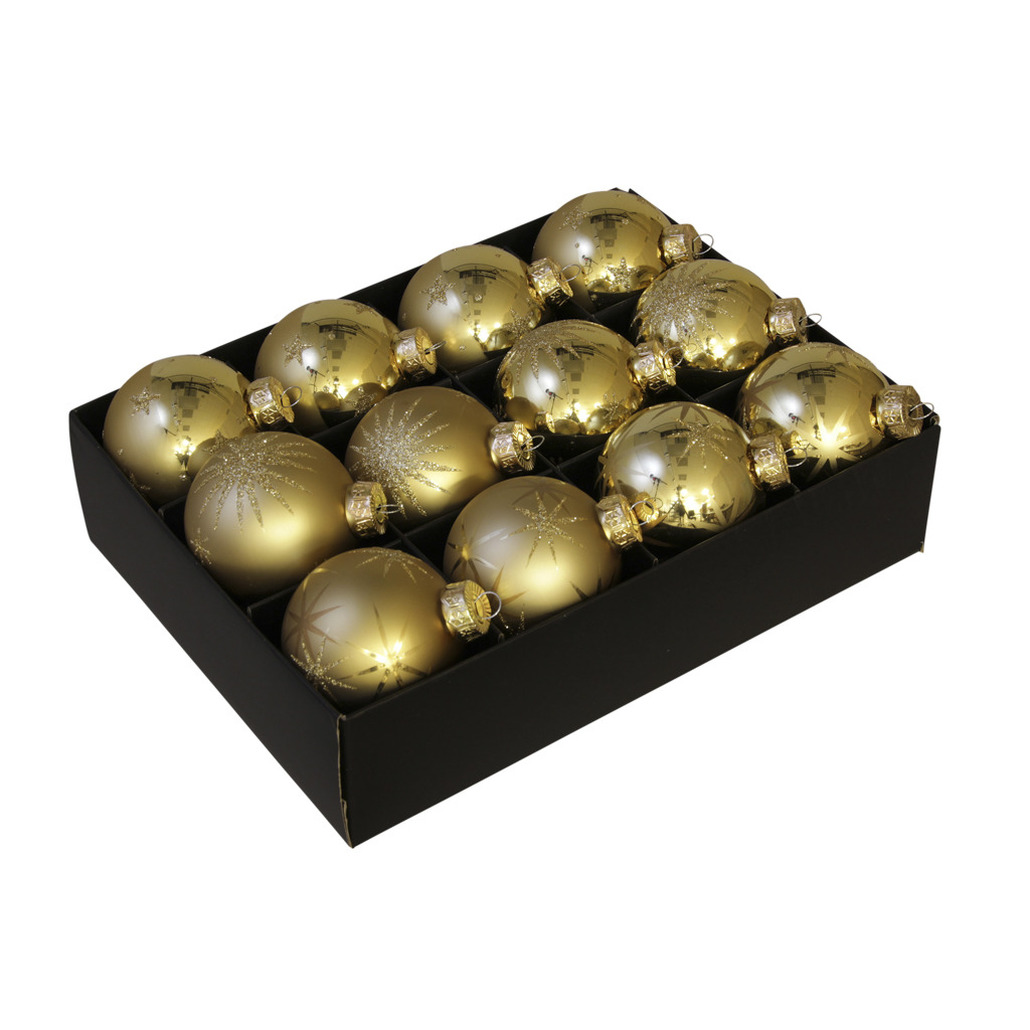 12x Luxe glazen gouden sneeuwvlokken-sterren kerstballen 7,5 cm