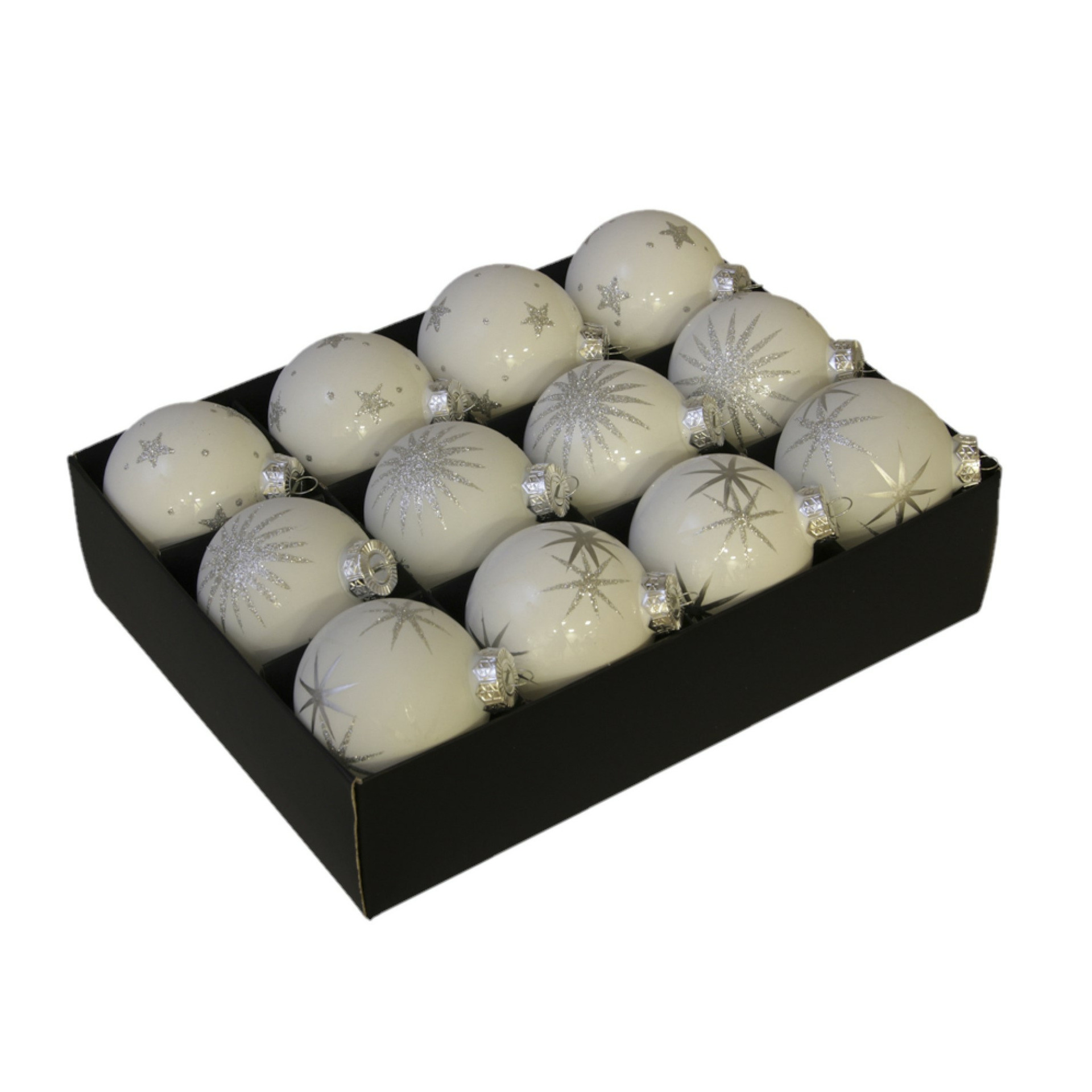 12x Luxe glazen sneeuwvlokken-sterren kerstballen wit 7,5 cm
