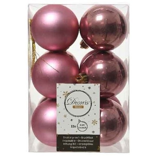 12x Oud roze kerstballen 6 cm glanzende-matte kunststof-plastic kerstversiering