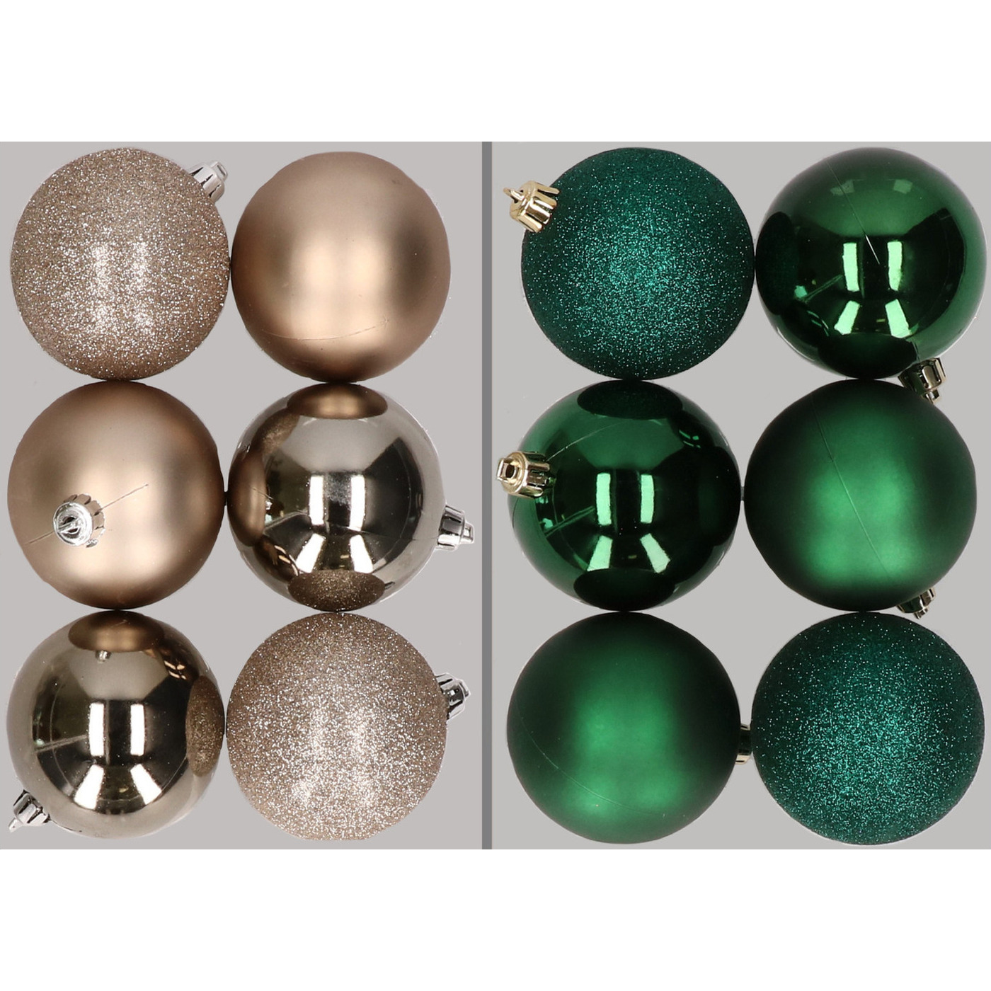 12x stuks kunststof kerstballen mix van champagne en donkergroen 8 cm