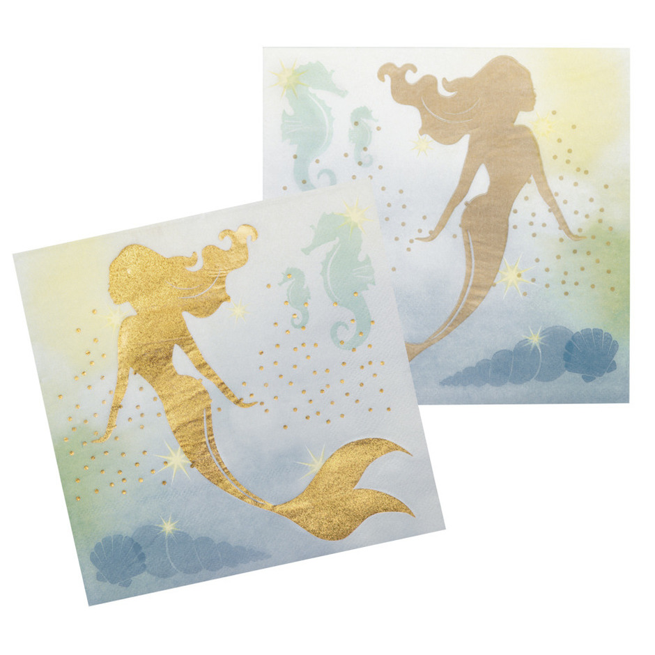12x Zeemeermin-oceaan themafeest servetten goud 33 x 33 cm