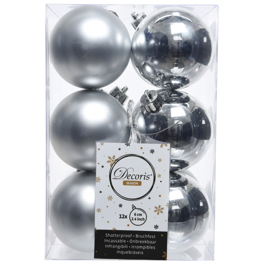 12x Zilveren kerstballen 6 cm glanzende-matte kunststof-plastic kerstversiering