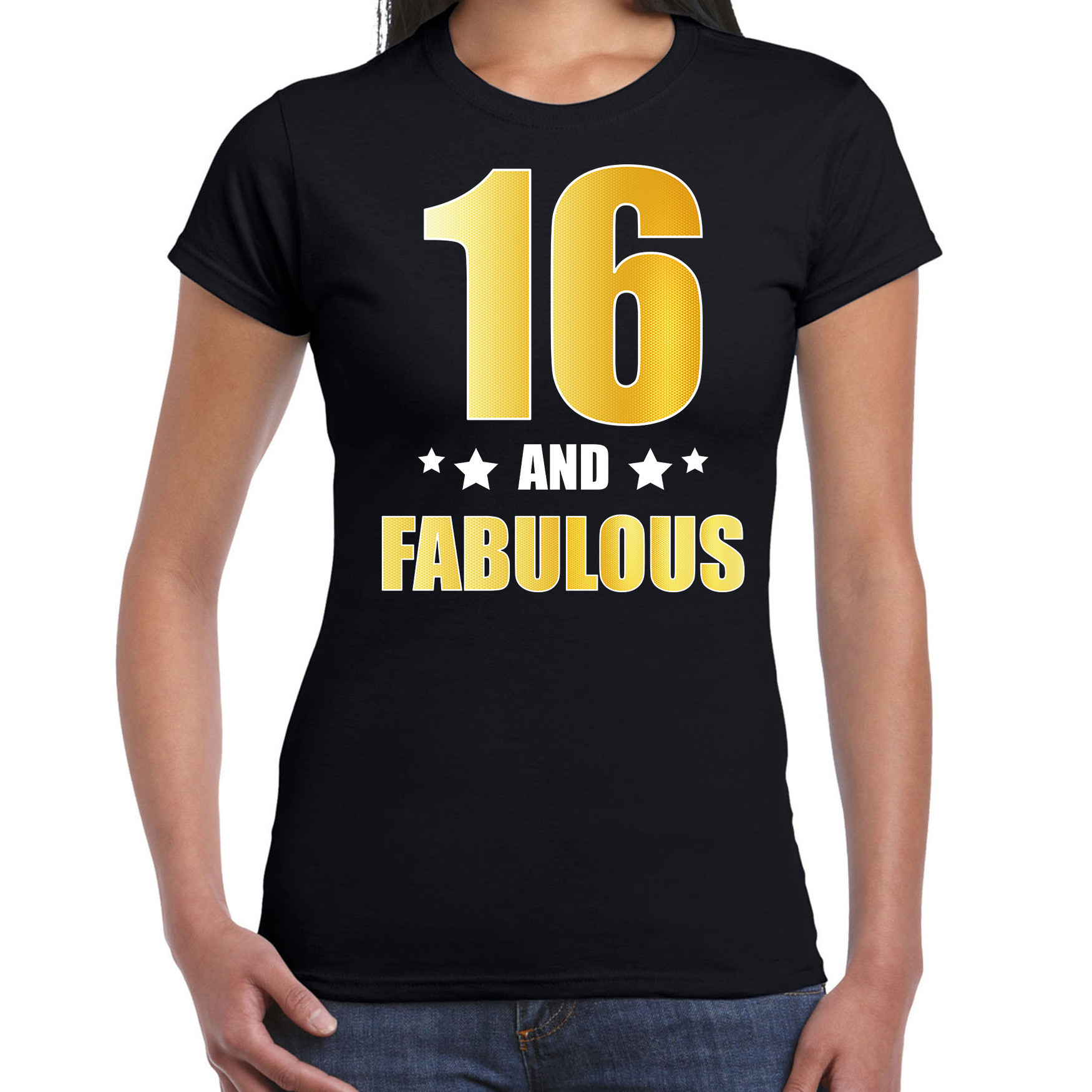16 and fabulous verjaardag cadeau t-shirt-shirt goud 16 jaar zwart voor dames