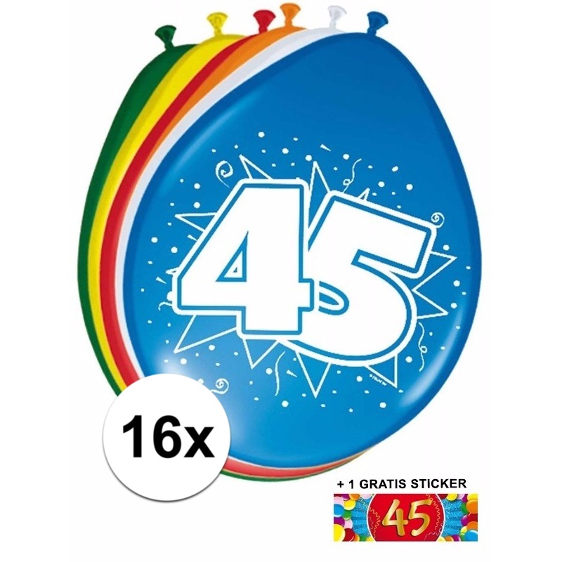 16 party ballonnen 45 jaar opdruk + sticker