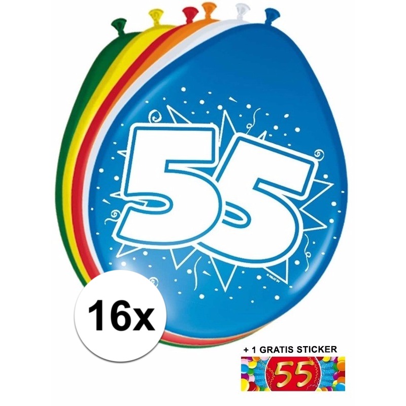 16 party ballonnen 55 jaar opdruk + sticker