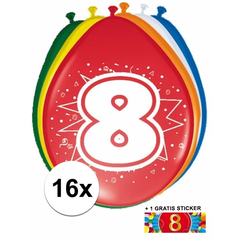 16 party ballonnen 8 jaar opdruk + sticker