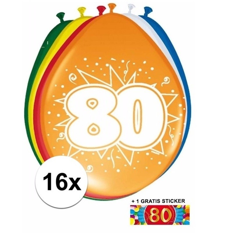 16 party ballonnen 80 jaar opdruk + sticker