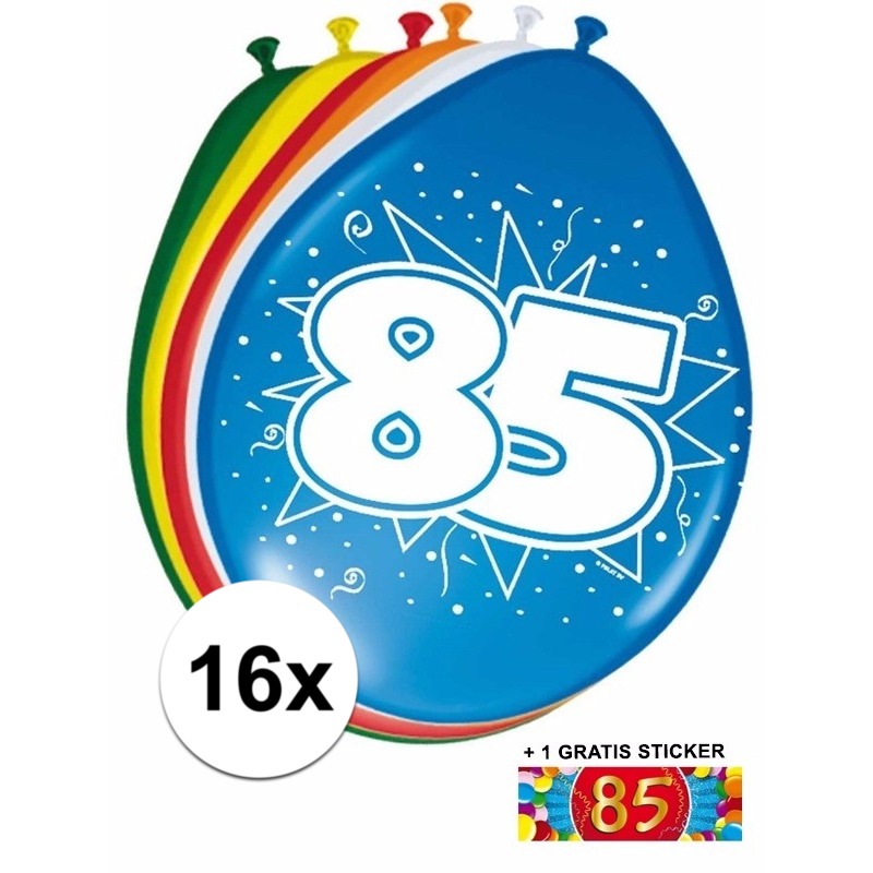 16 party ballonnen 85 jaar opdruk + sticker