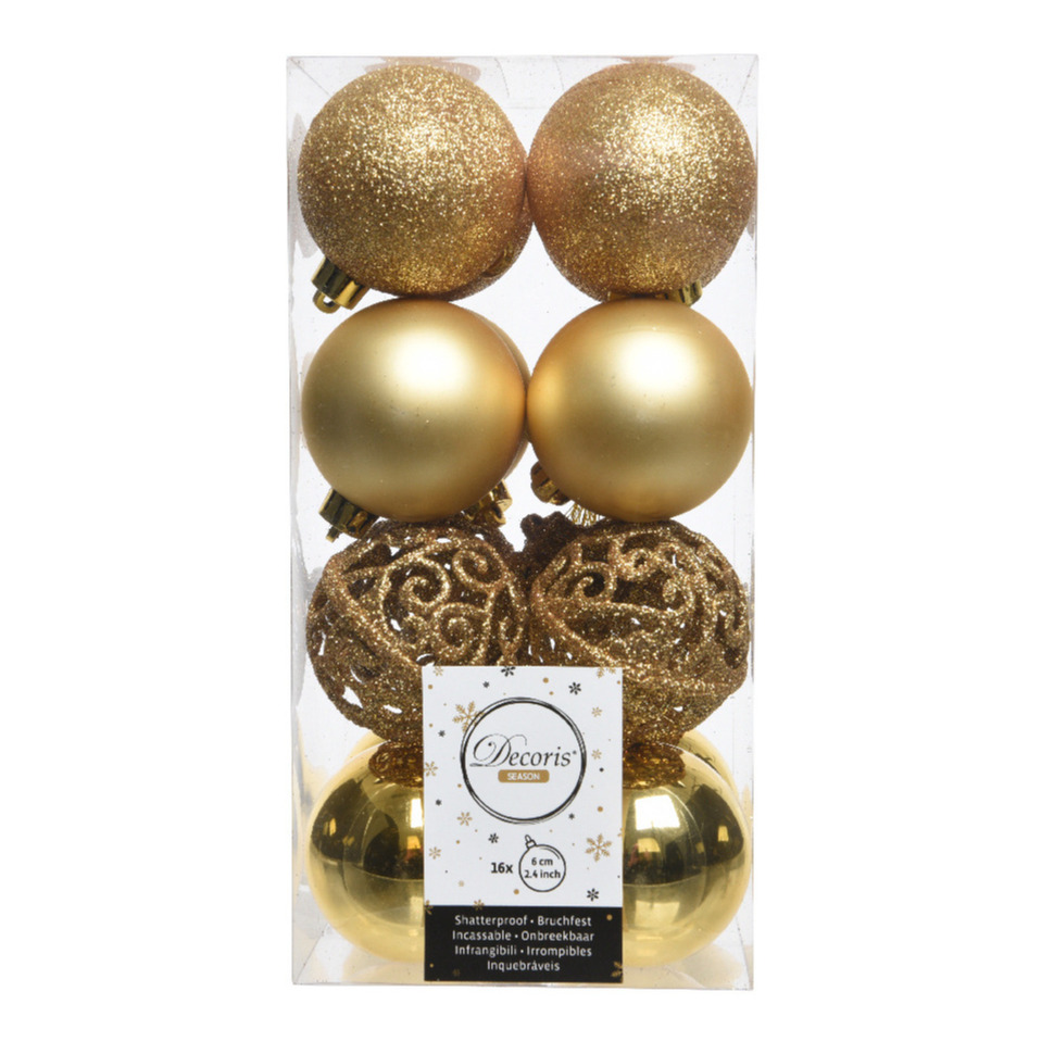 16x Gouden kerstballen 6 cm glanzende-matte-glitter kunststof-plastic kerstversiering