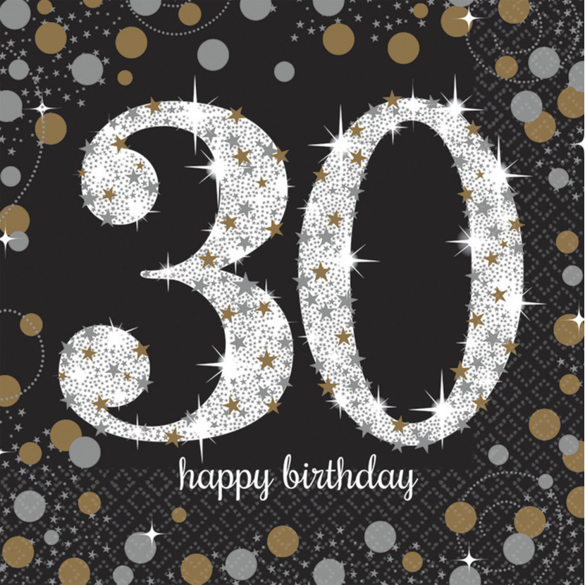 16x stuks 30 jaar verjaardag feest servetten zwart met confetti print 33 x 33 cm