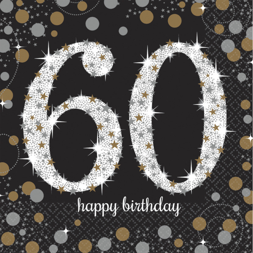16x stuks 60 jaar verjaardag feest servetten zwart met confetti print 33 x 33 cm