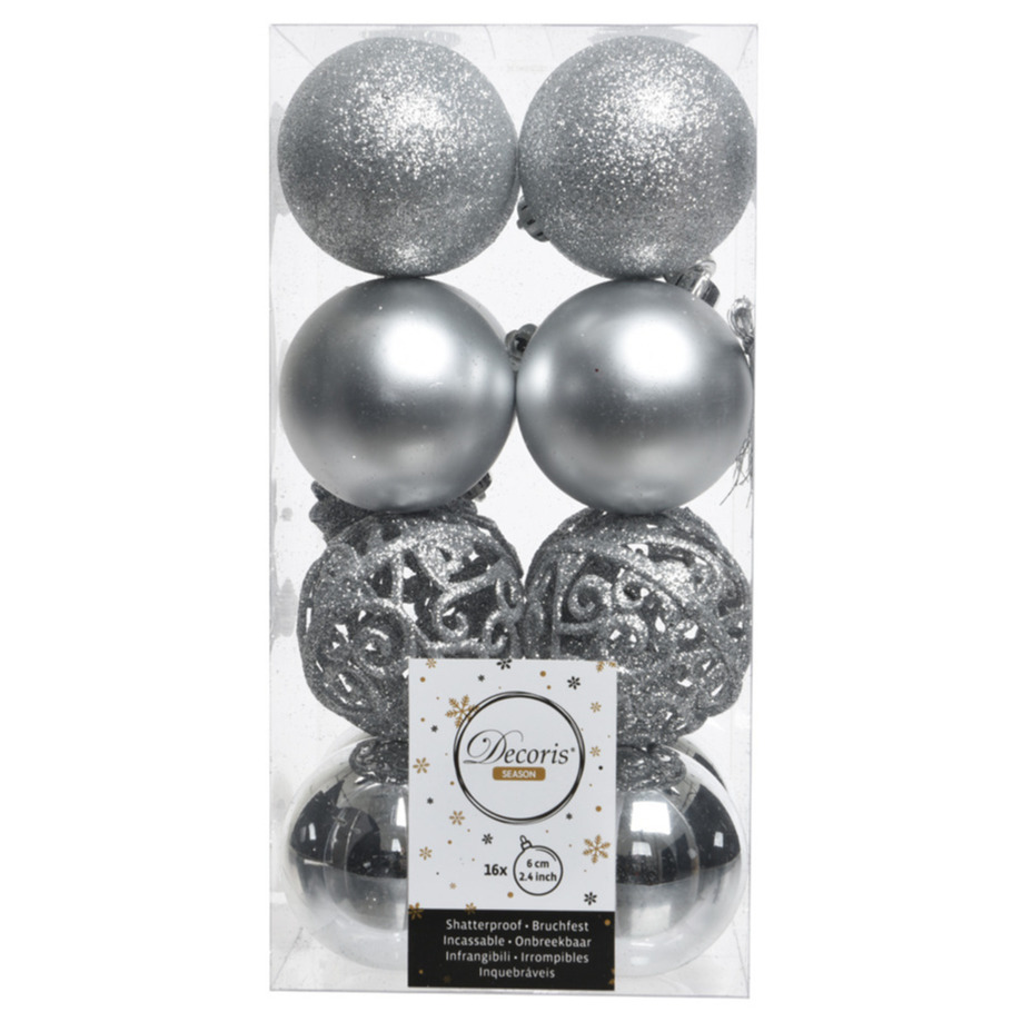 16x Zilveren kerstballen 6 cm glanzende-matte-glitter kunststof-plastic kerstversiering