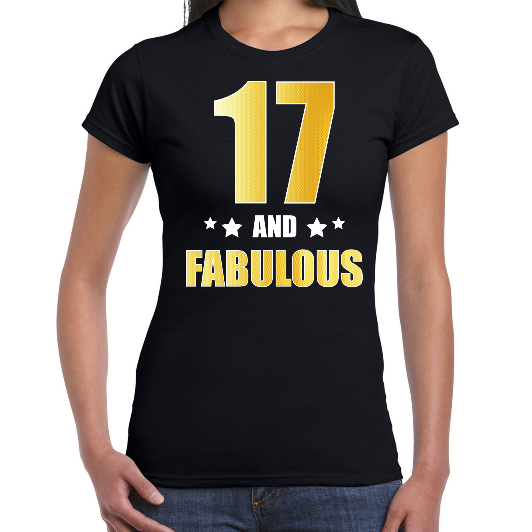 17 and fabulous verjaardag cadeau t-shirt-shirt goud 17 jaar zwart voor dames