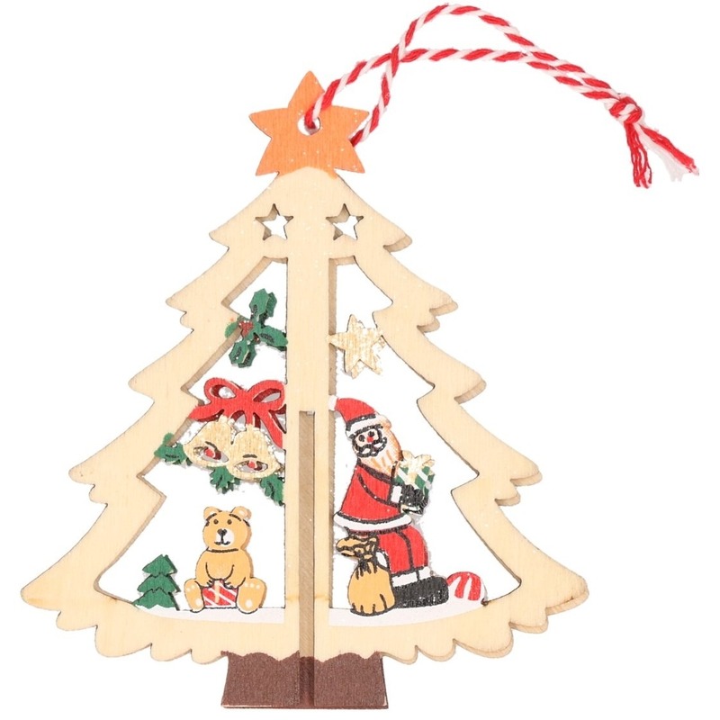 1x Kerstboomhanger-Kersthanger houten kerstboom met kerstmannen uitsnede 10 cm