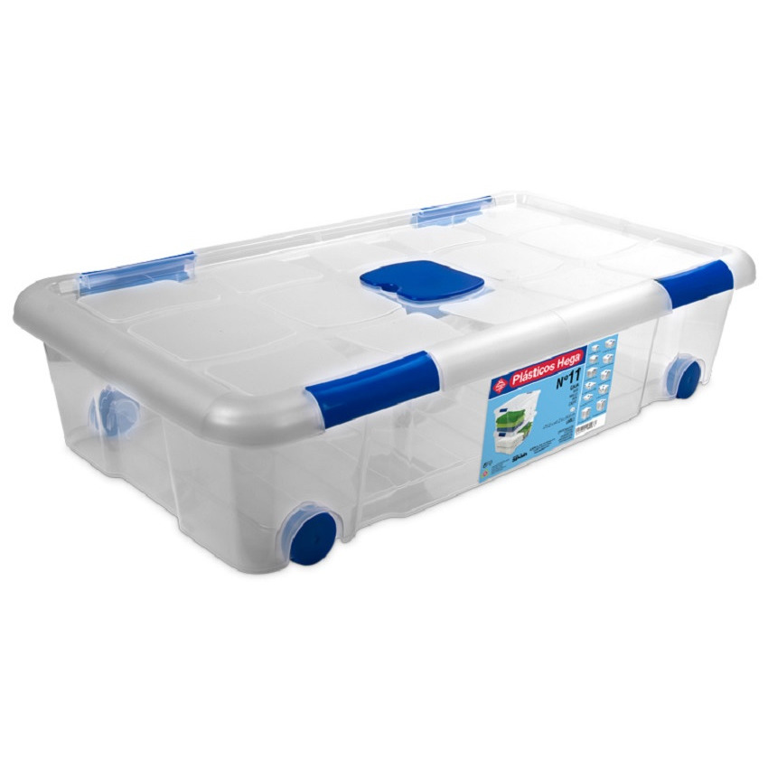 1x Opbergboxen-opbergdozen met deksel en wieltjes 30 liter kunststof transparant-blauw