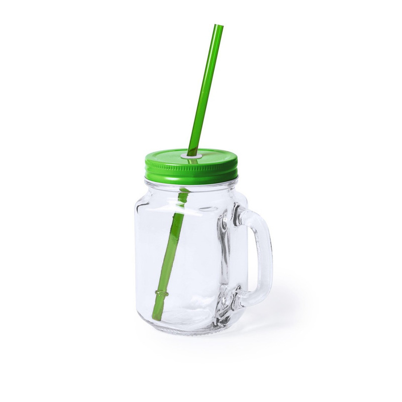 1x stuks glazen Mason Jar drinkbekers groene dop-rietje 500 ml