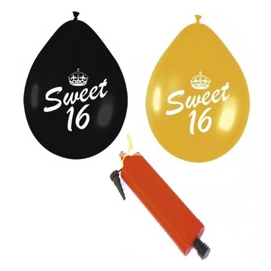 24 stuks Sweet Sixteen ballonnen met pomp zwart-goud