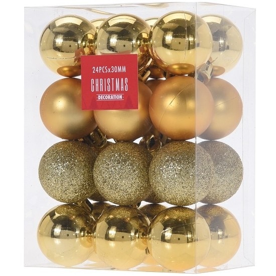 24x Gouden kerstballen 3 cm glanzende-matte-glitters kunststof kerstversiering