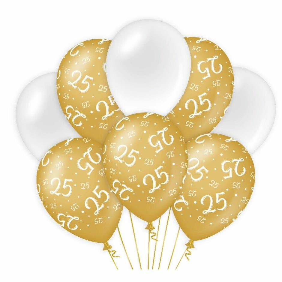 25 jaar leeftijd thema Ballonnen 8x goud-wit Verjaardag Versiering-feestartikelen