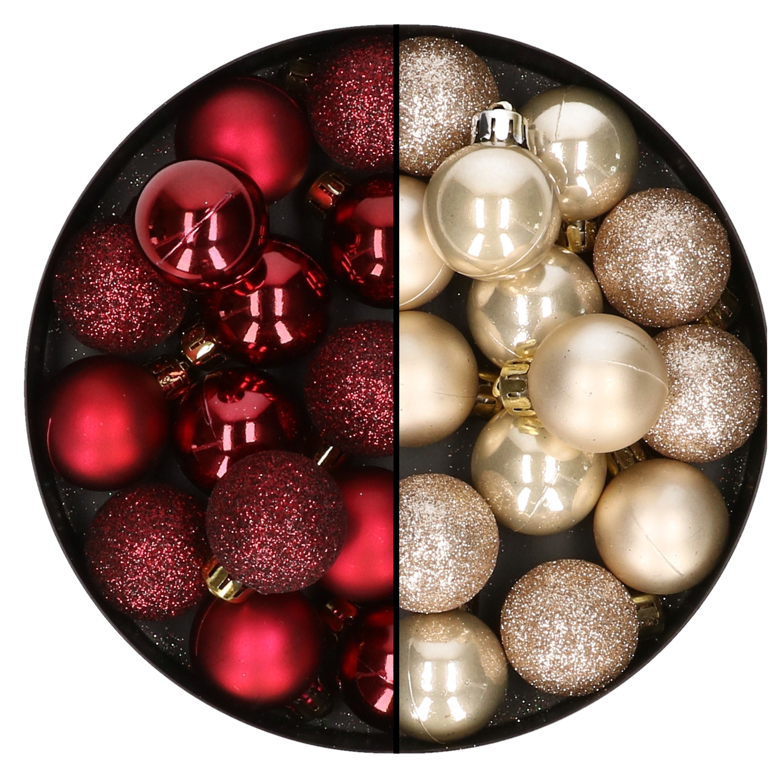 28x stuks kleine kunststof kerstballen donkerrood en champagne 3 cm