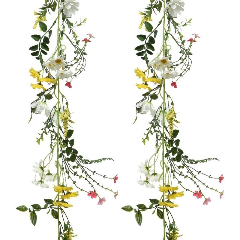 2x Geel-witte bloemetjes kunsttak slingers 180 cm