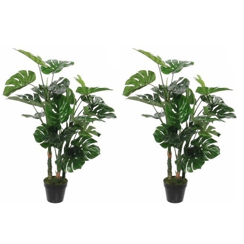 2x Groene Monstera-gatenplant kunstplant 100 cm in zwarte pot