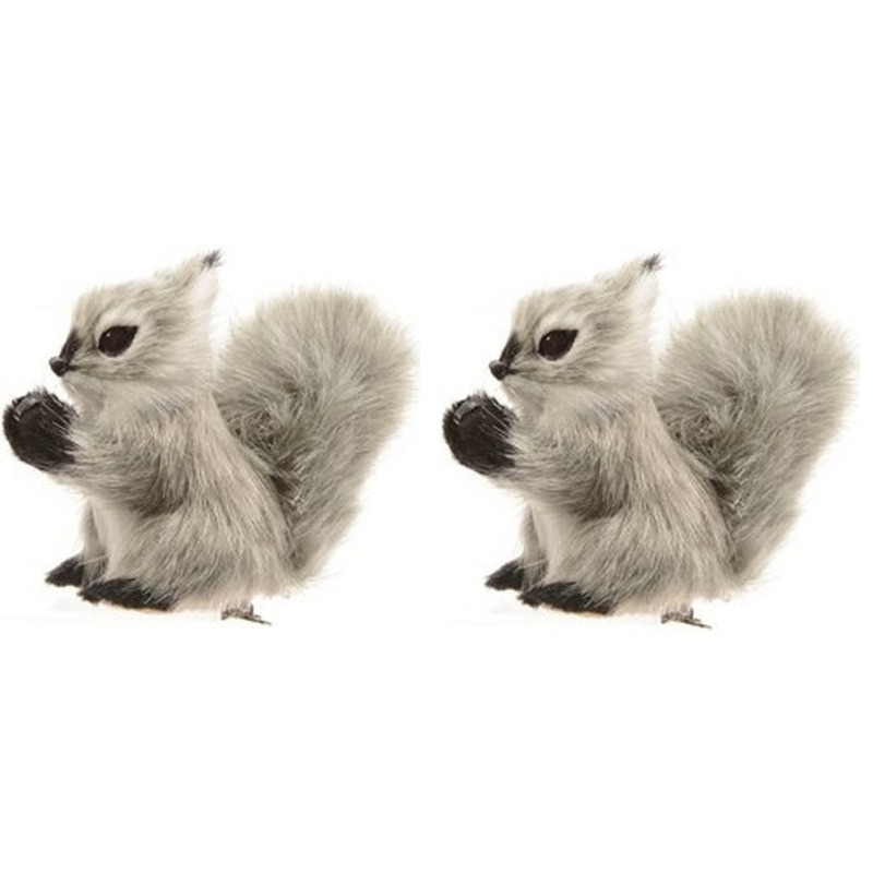 2x Kerstboomhanger-Kersthanger clip dieren grijze eekhoorns 8 cm pluche