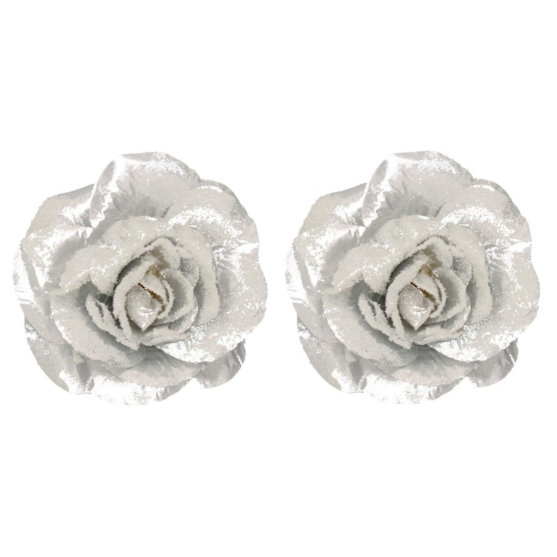 2x Kerstboomhanger-Kersthanger clip zilveren zilveren rozen-bloemen 12 cm