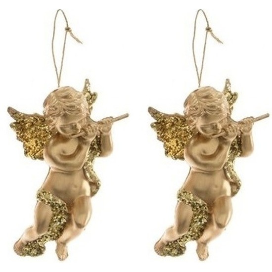 2x Kerstboomhangers-Kersthangers gouden engelen met dwarsfluit 10 cm