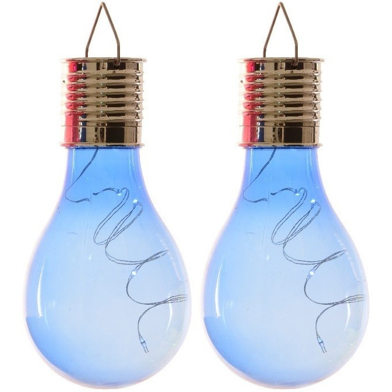 2x Solarlamp lampbolletjes-peertjes op zonne-energie 14 cm blauw