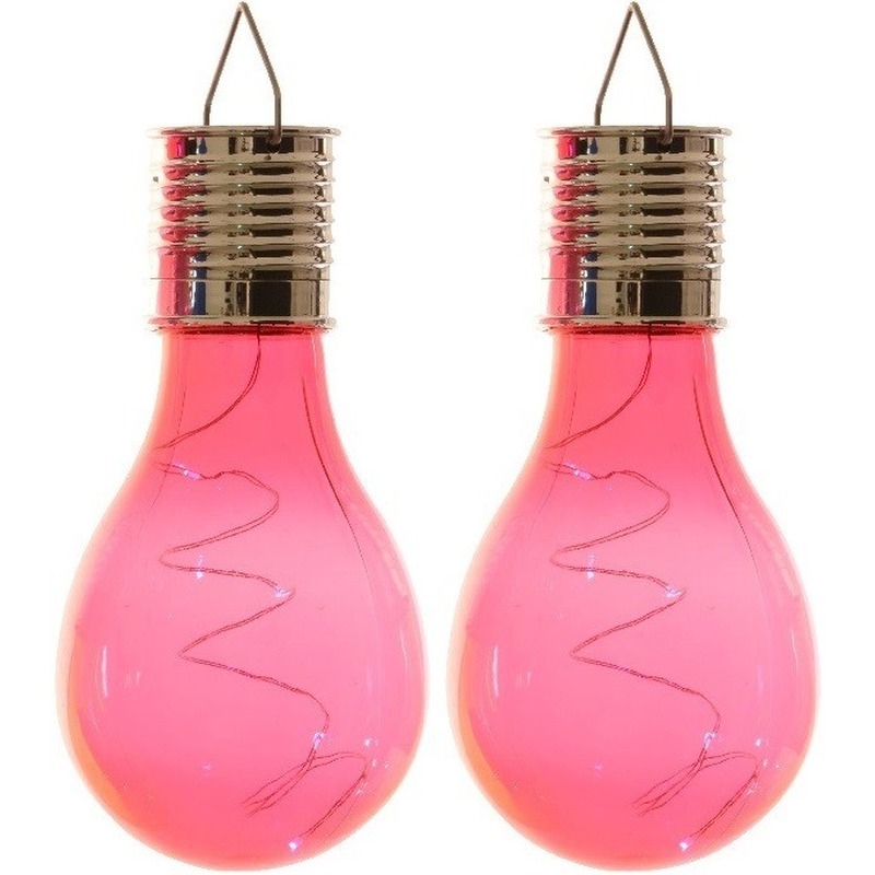 2x Solarlamp lampbolletjes-peertjes op zonne-energie 14 cm fuchsia roze