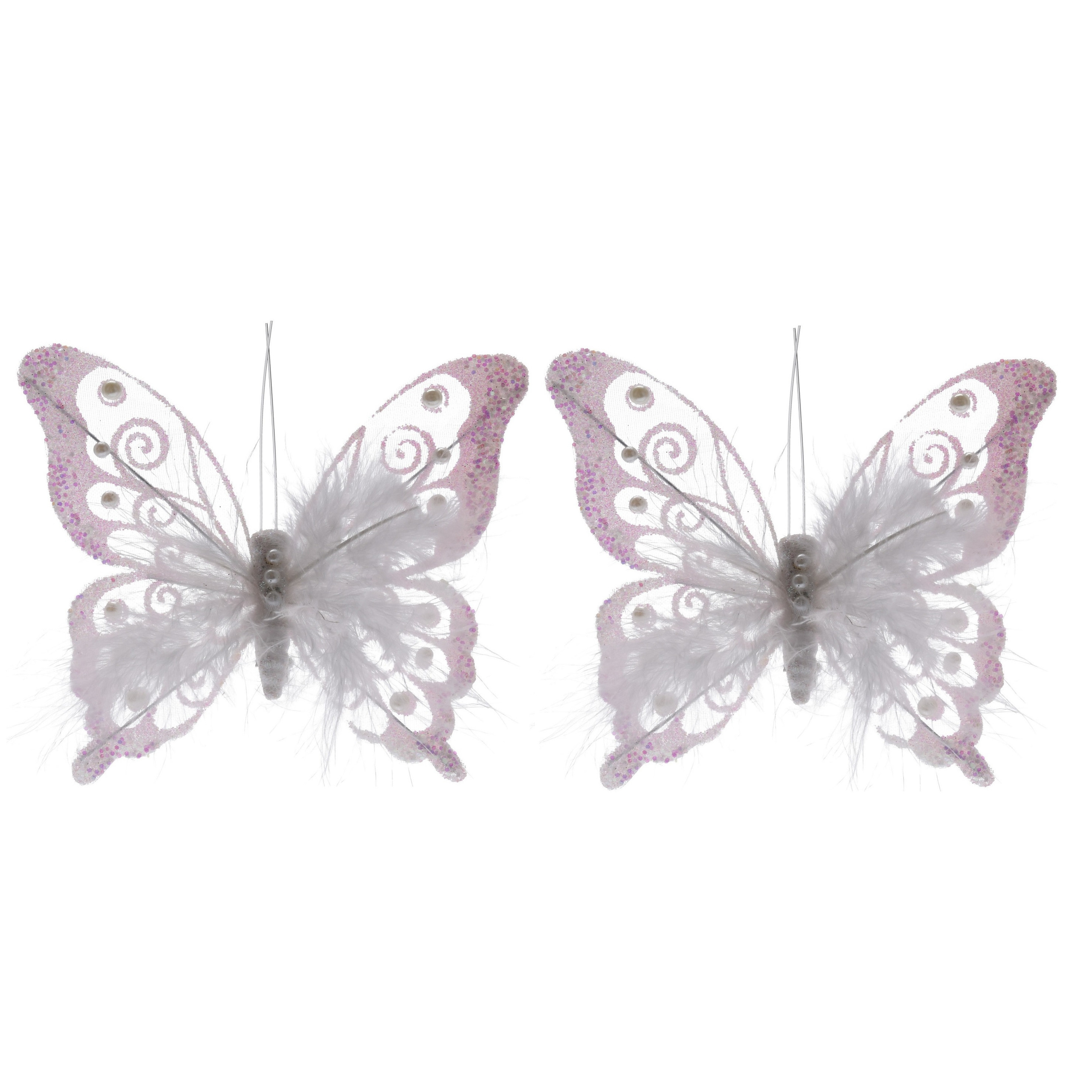 2x Witte decoratie vlinders op clip 15,5 cm