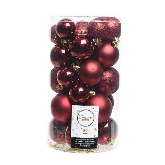 30x Donkerrode kerstballen 4-5-6 cm glanzende-matte-glitter kunststof-plastic kerstversiering
