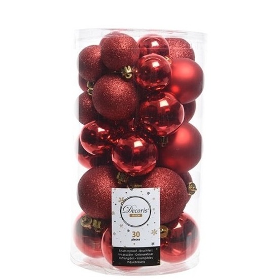 30x Rode kerstballen 4-5-6 cm glanzende-matte-glitter kunststof-plastic kerstversiering