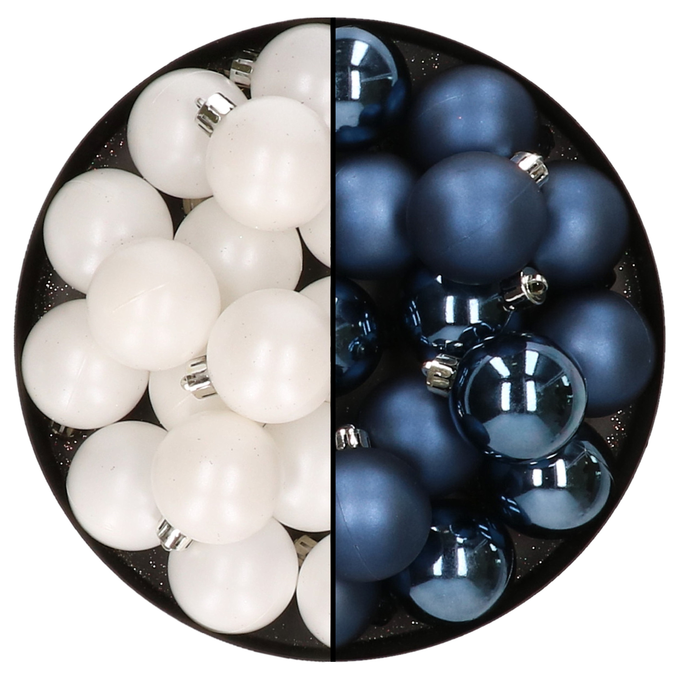 32x stuks kunststof kerstballen mix van wit en donkerblauw 4 cm