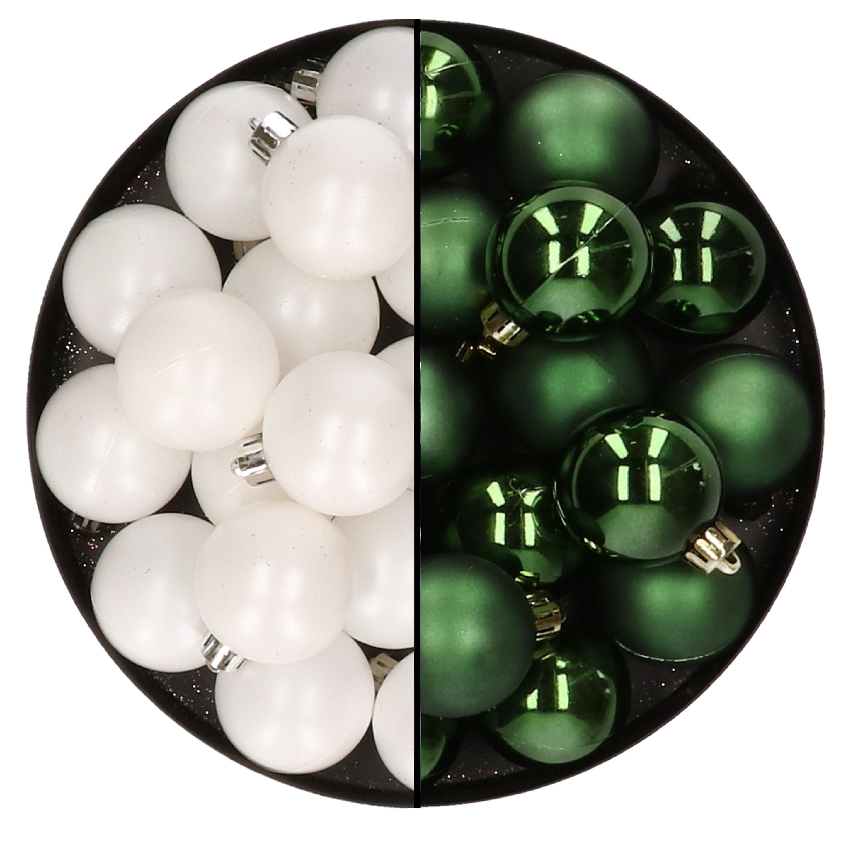 32x stuks kunststof kerstballen mix van wit en donkergroen 4 cm