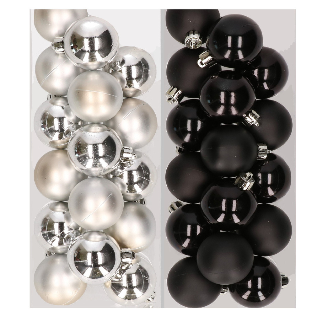32x stuks kunststof kerstballen mix van zilver en zwart 4 cm