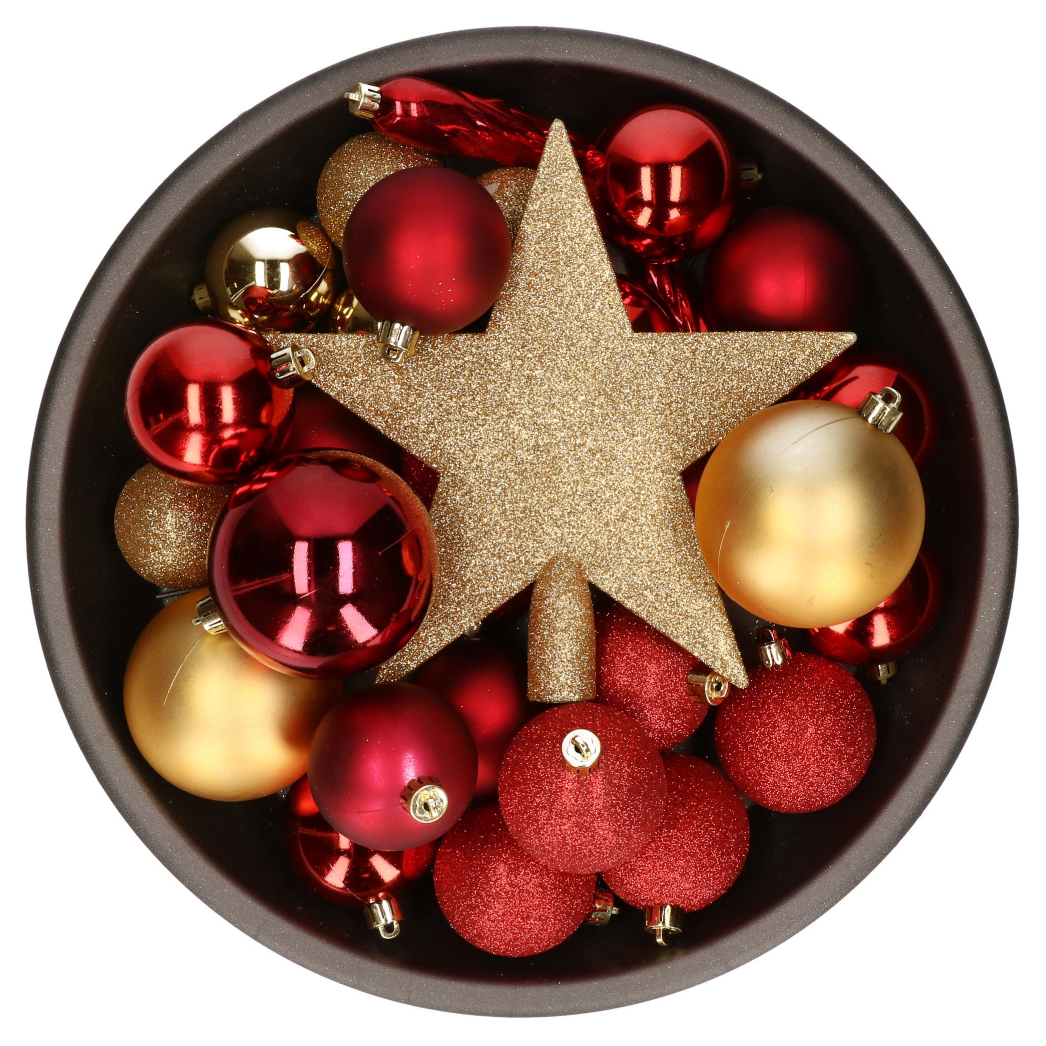33x stuks kunststof kerstballen met piek 5-6-8 cm rood-goud incl. haakjes
