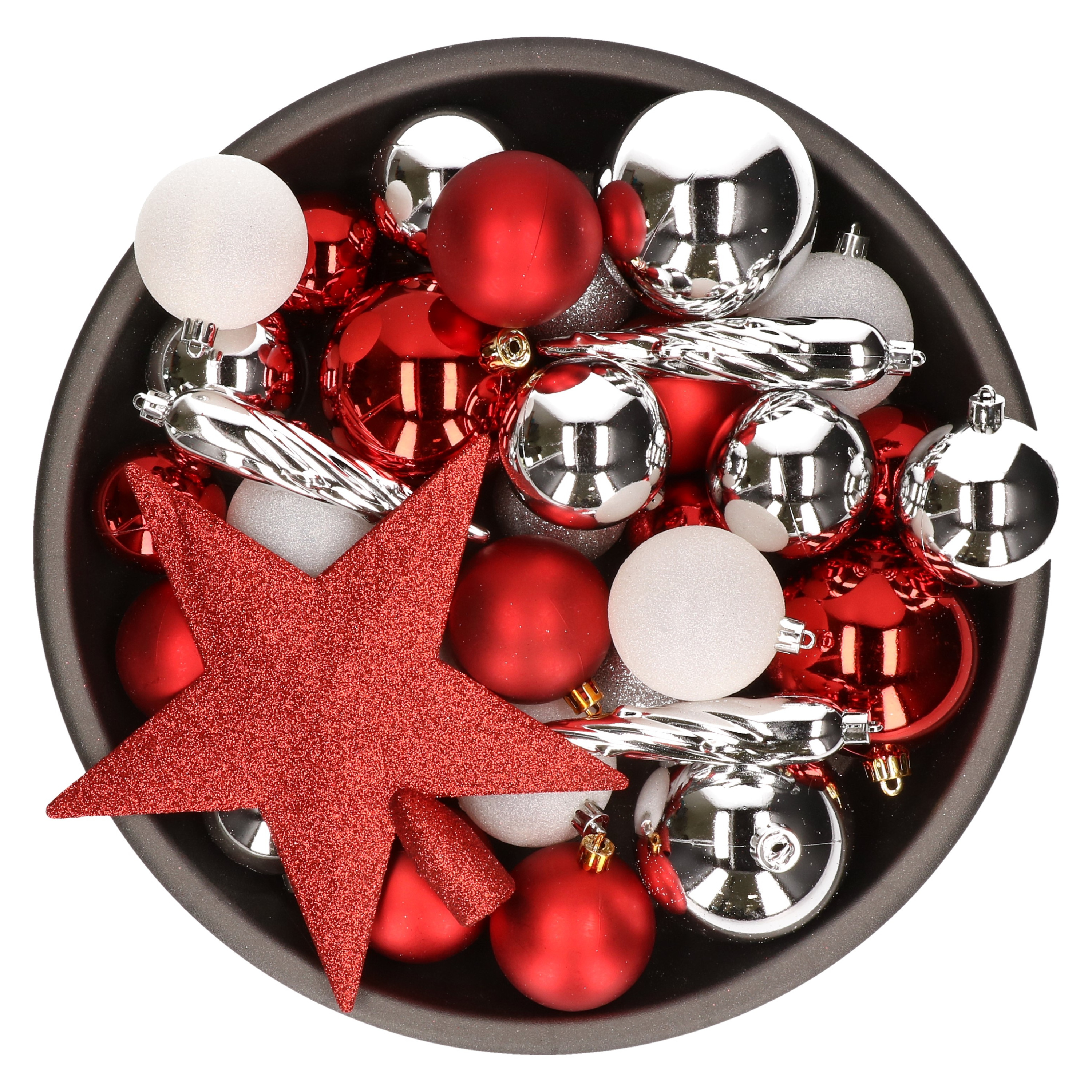 33x stuks kunststof kerstballen met piek 5-6-8 cm rood-wit-zilver incl. haakjes