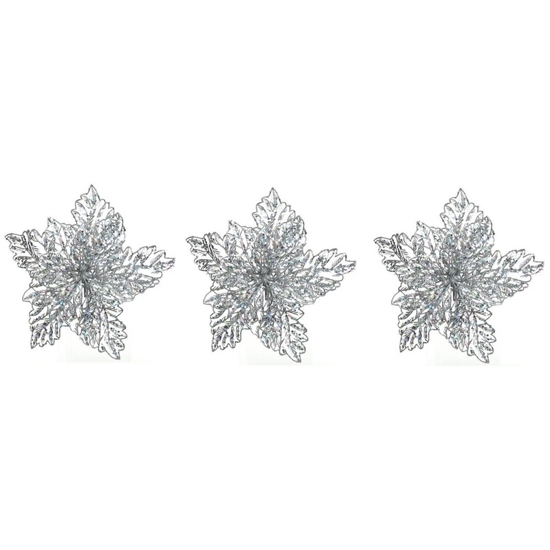 3x Kerstbloem versiering zilveren glitter kerstster-poinsettia op clip 23 x 10 cm