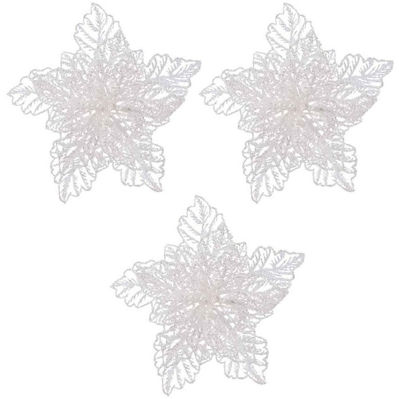 3x Kerstbloem witte glitter kerstster-poinsettia op clip 23 x 8 cm