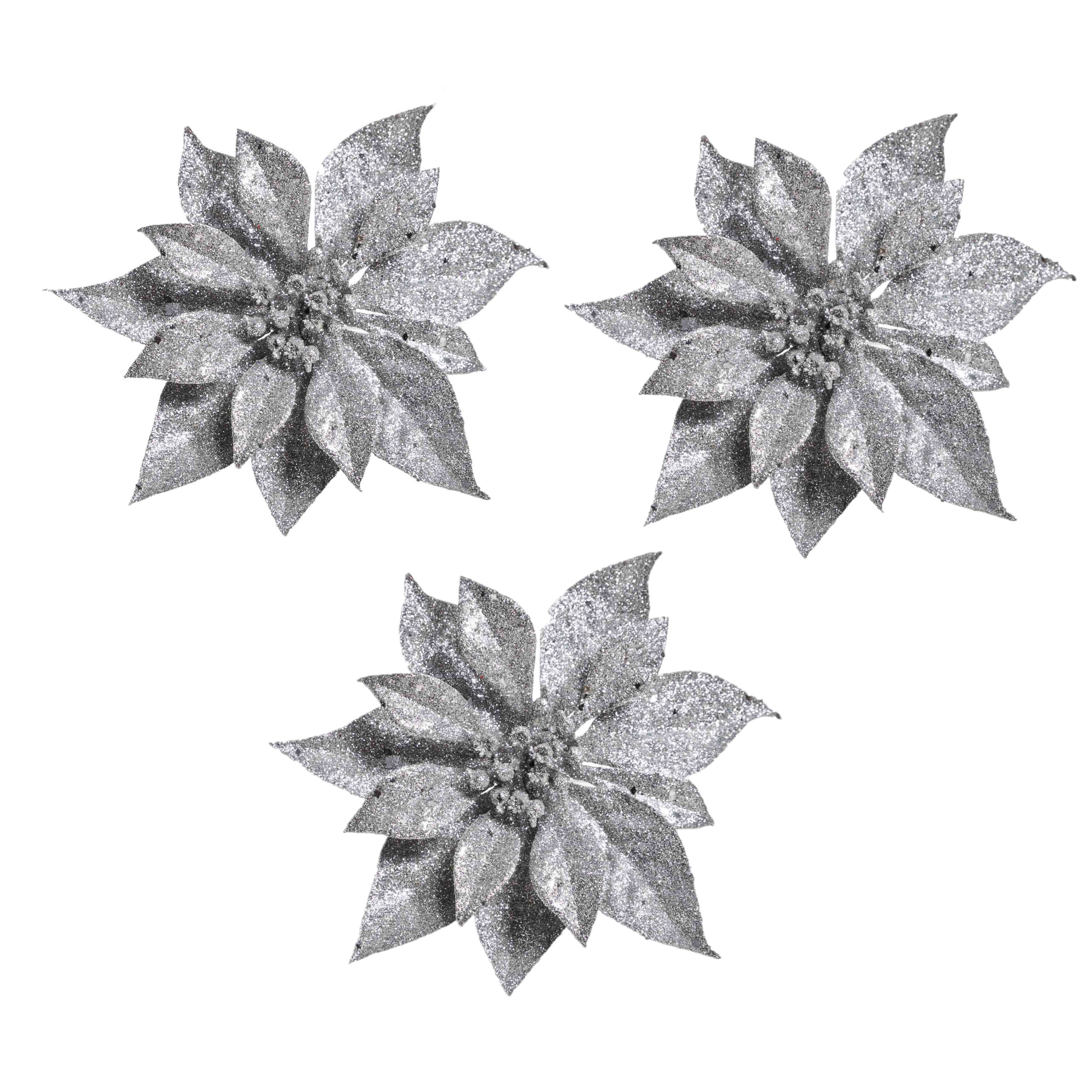 3x Kerstboom versiering zilveren kerstbloemen