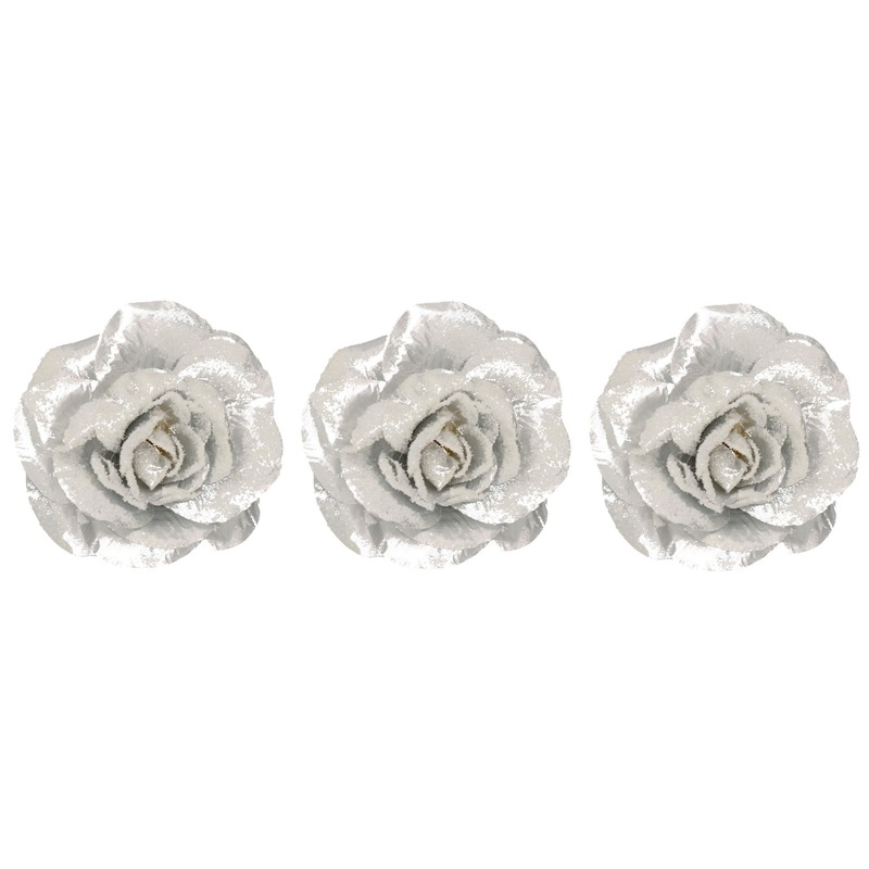 3x Kerstboomhanger-Kersthanger clip zilveren zilveren rozen-bloemen 12 cm