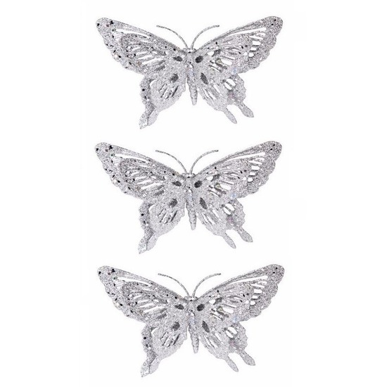 3x Zilveren kerstboom versiering vlinder 15 cm