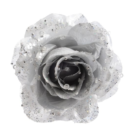 3x Zilveren kerstversiering roos