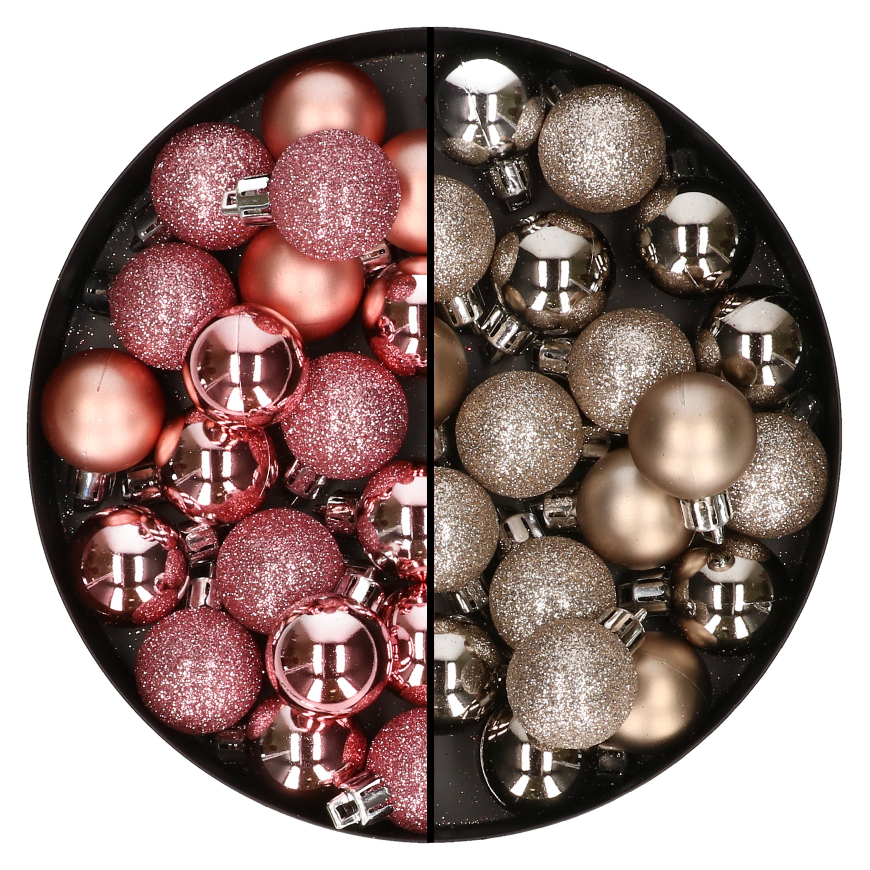 40x stuks kleine kunststof kerstballen roze en champagne 3 cm