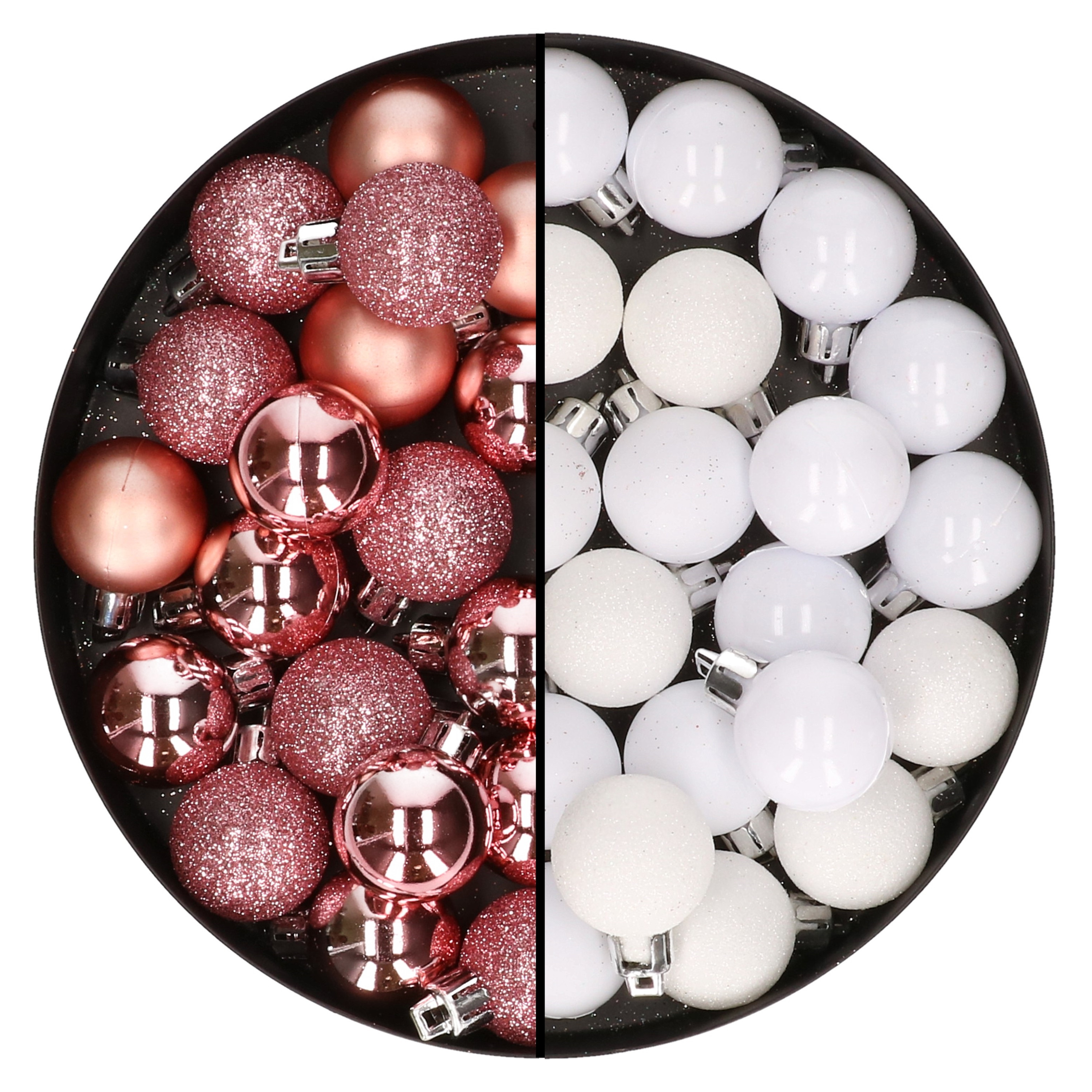 40x stuks kleine kunststof kerstballen wit en roze 3 cm